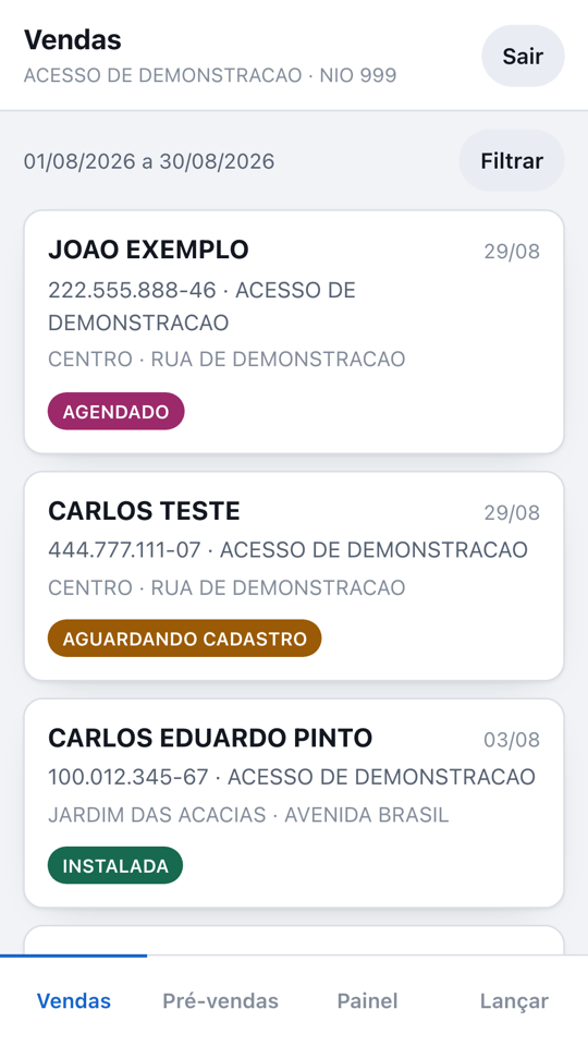 Lista de vendas no app Easy